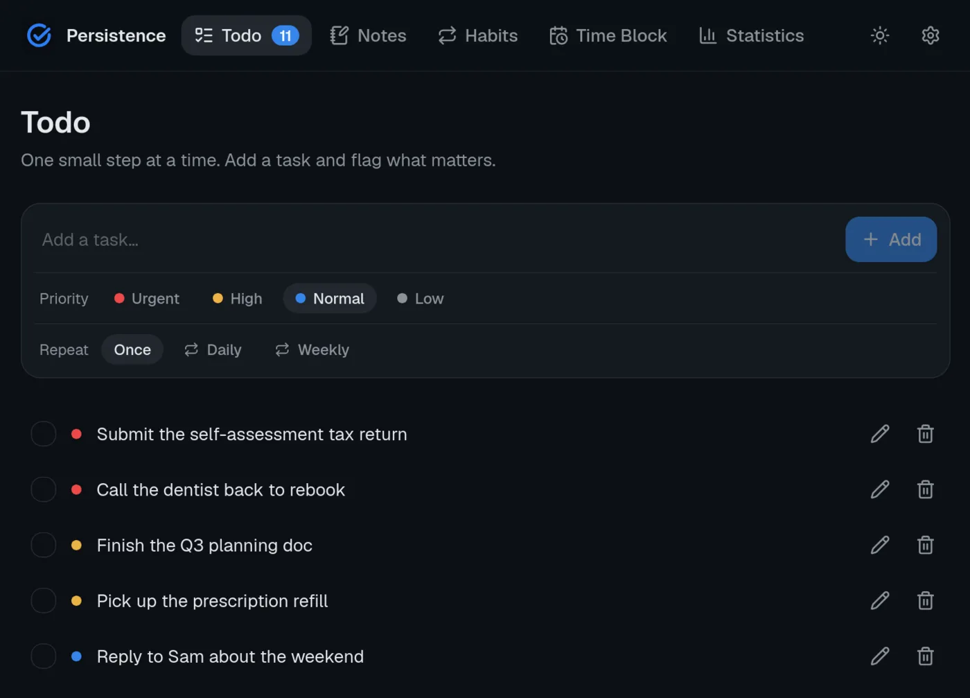 Persistence todo list with tasks flagged by priority